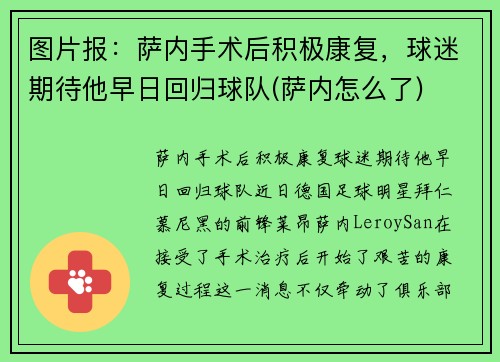 图片报：萨内手术后积极康复，球迷期待他早日回归球队(萨内怎么了)